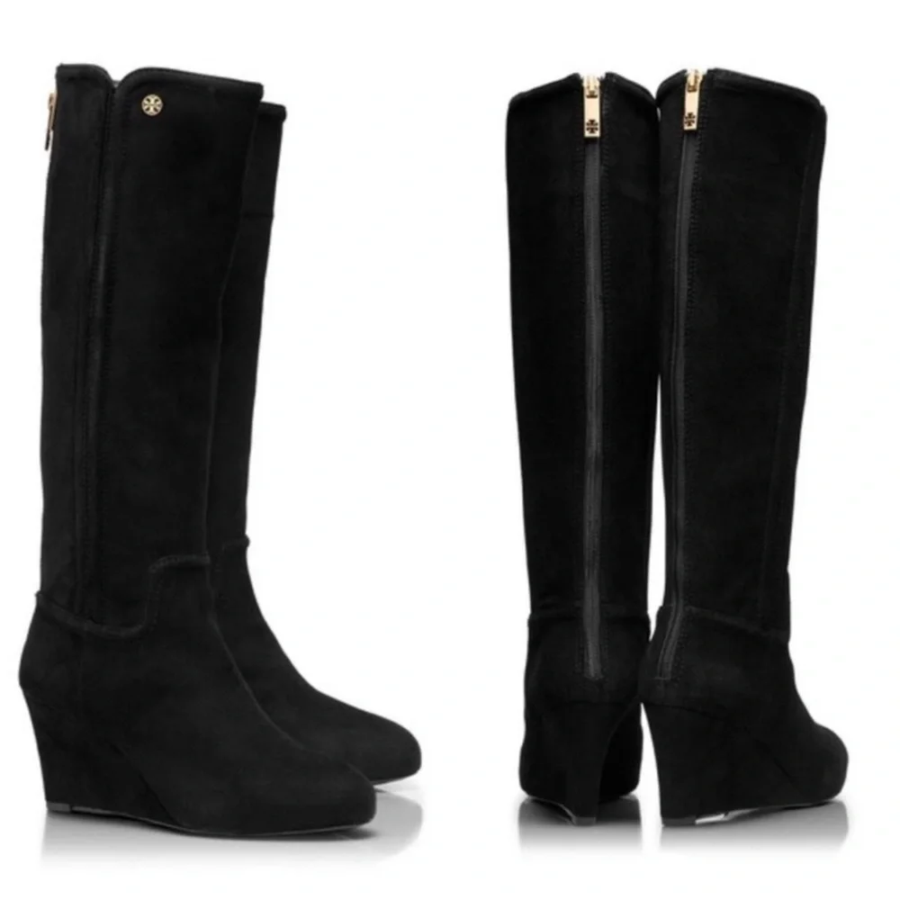 Tory Burch Irene Tall Black Suede Wedge Boots size 7